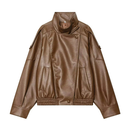 Women's Faux Leather Jacket – Loose Fit Stand Collar Winter Coat