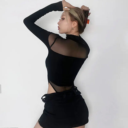 Shadow Mesh Hollow Long Sleeve Bodysuit