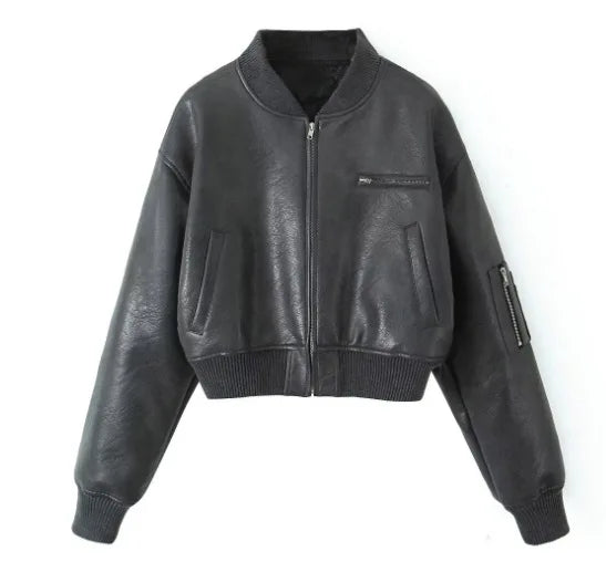 Vintage O-Neck Leather Jacket