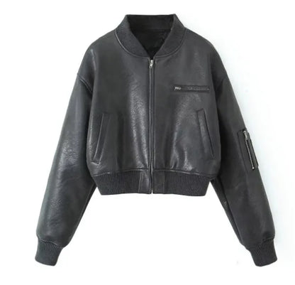 Vintage O-Neck Leather Jacket
