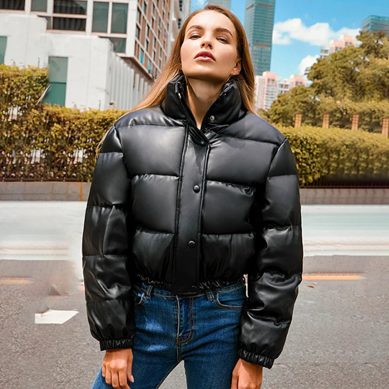Luxe Frost Short PU Puffer Jacket