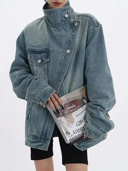 Denim Charm Patchwork Turtleneck Coat