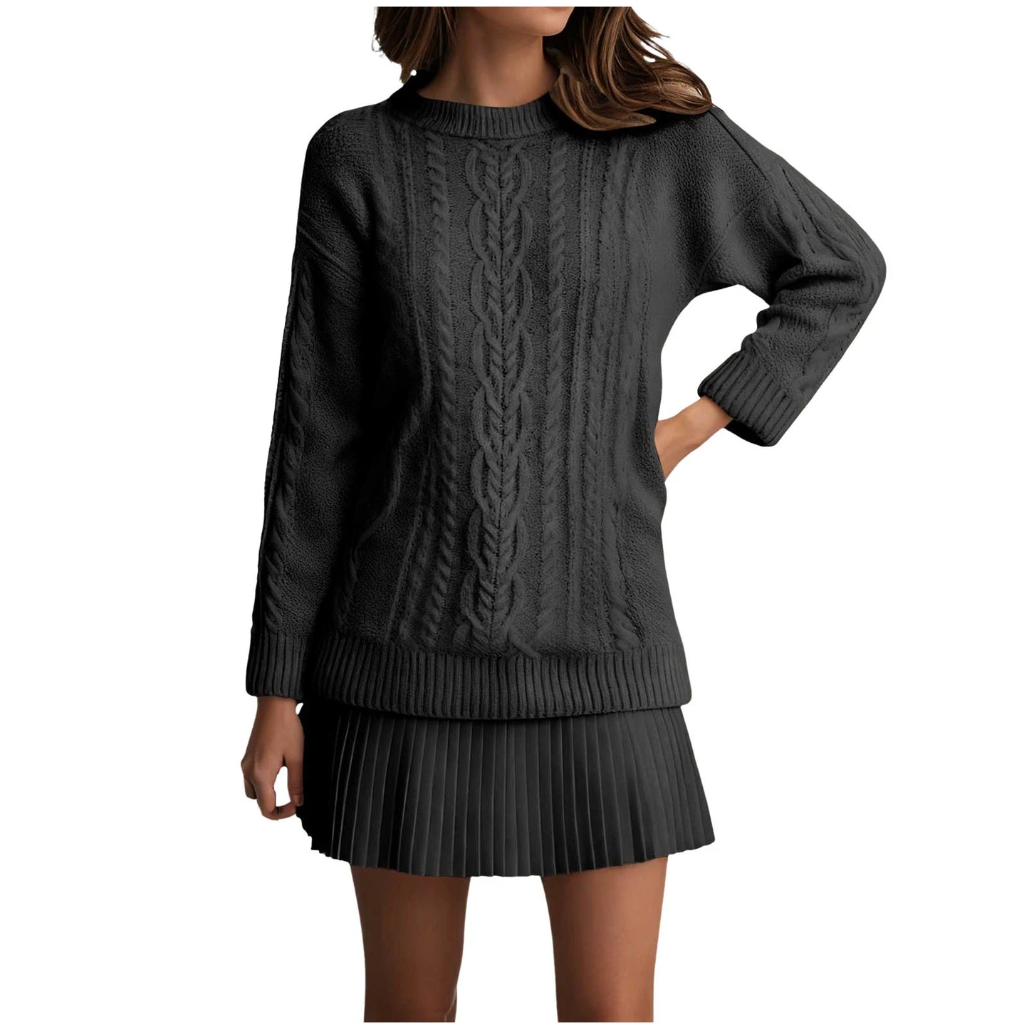 Women’s Twist Knit Sweater Dress — Retro O-Neck