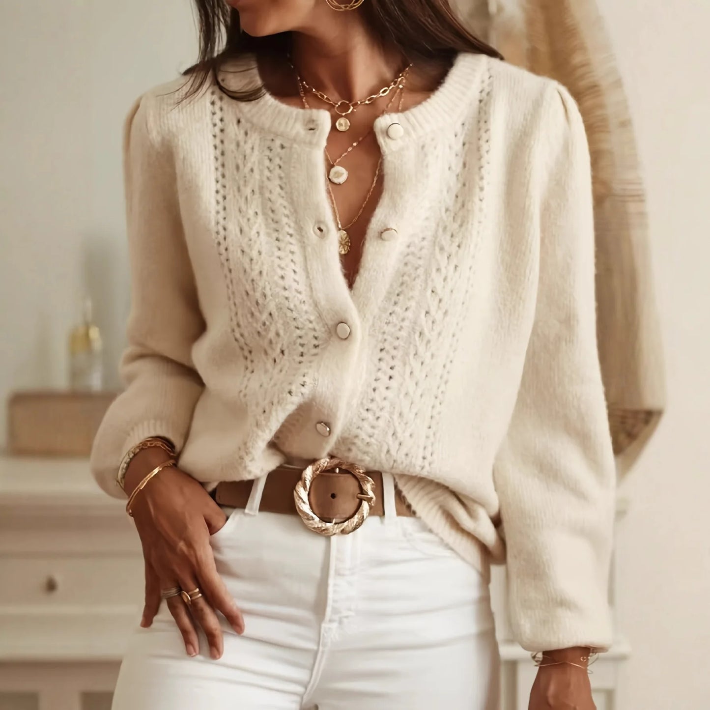 Elegant Hollow-Knit V-Neck Cardigan