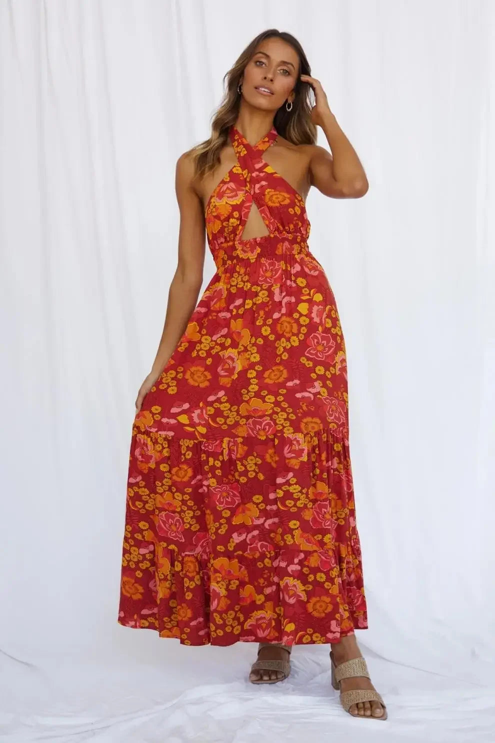 V-Neck Wrap Hollow Out Maxi Dress