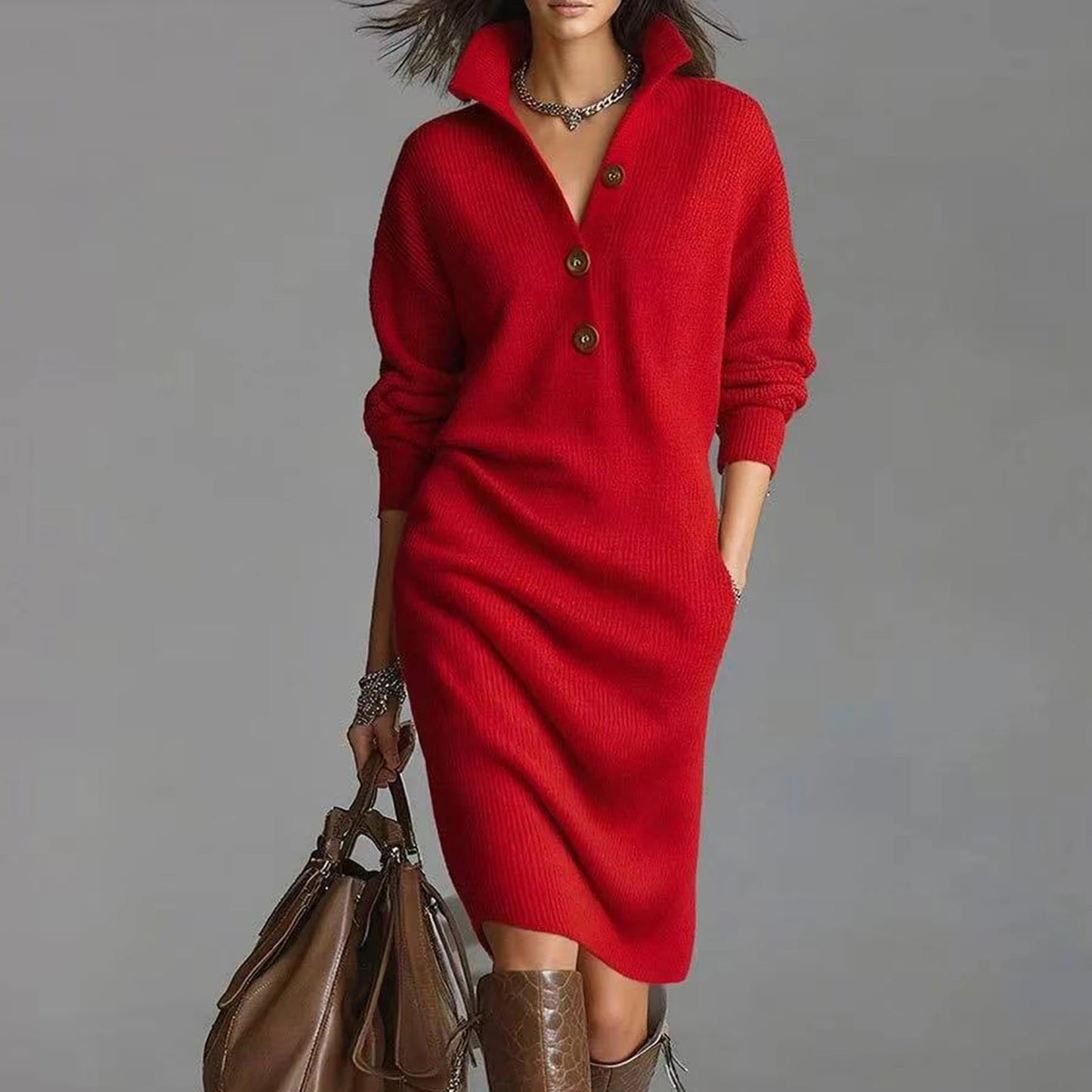Casual Button Loose Mid-Length Knitting Sweater Dress