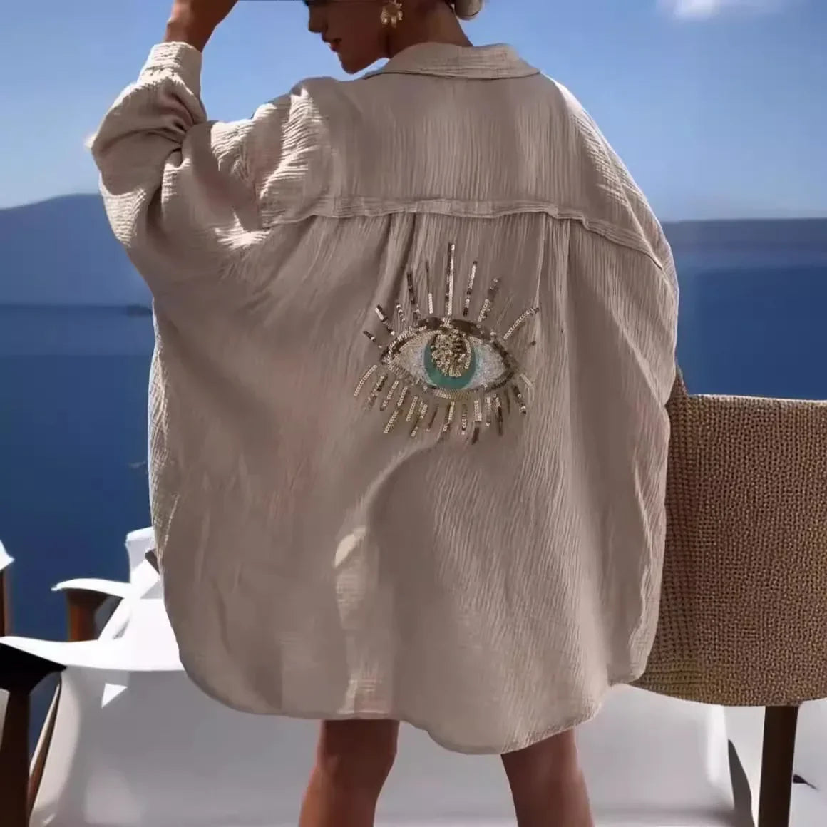 Sequin Eye Lapel Beach Shirt