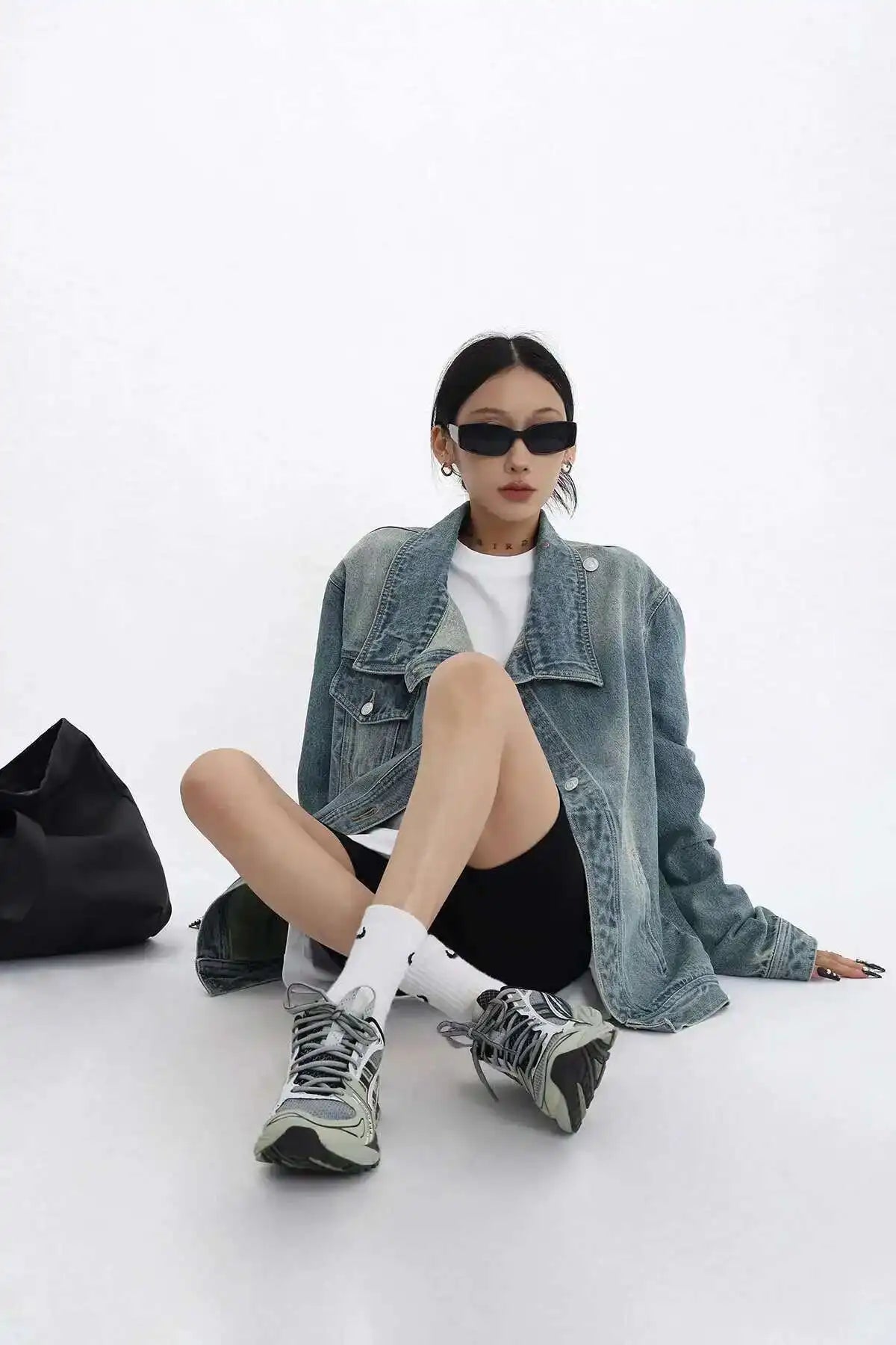 Denim Charm Patchwork Turtleneck Coat
