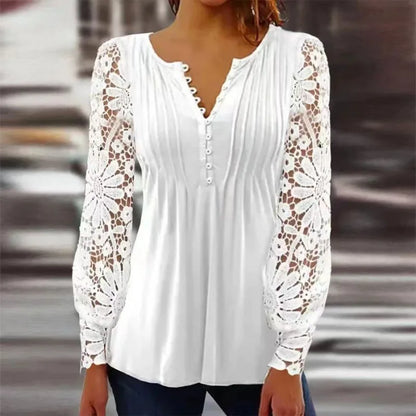 Sexy Lace V-Neck Pleated Blouse