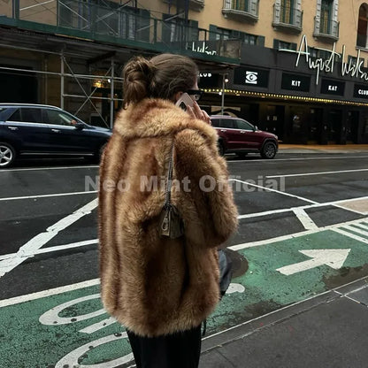 Women’s Luxury Yellow Striped Faux Fur Coat