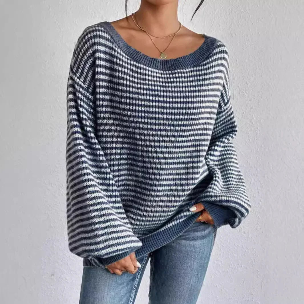 Stripe Lace Lantern Sleeve Knit Top