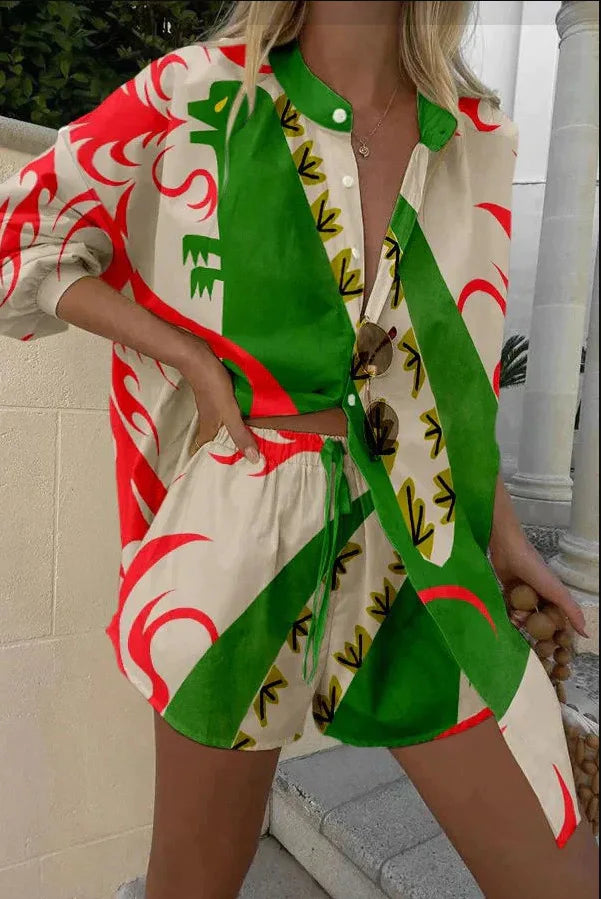 Printed Button Shirt and Shorts Set