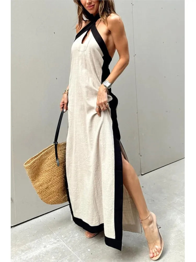 Vintage Breeze Backless Maxi Dress