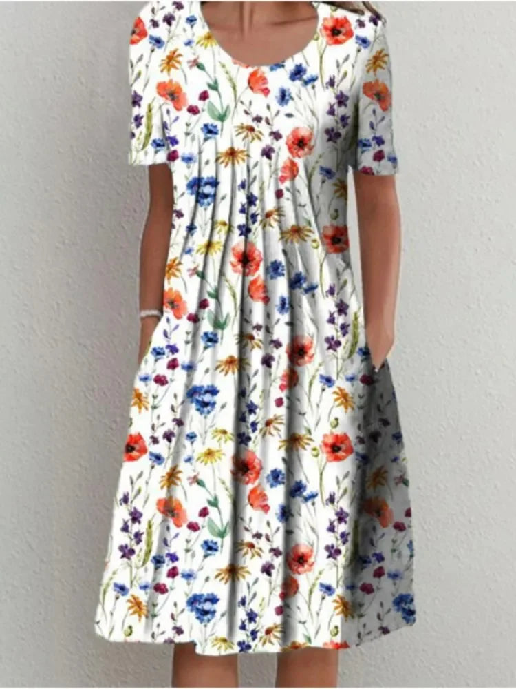 Floral A-line Round Neck Home Dress