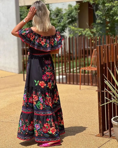 Red Bloom One-Shoulder Swing Dress