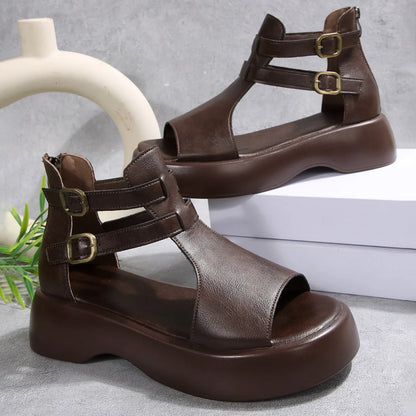 Retro Leather Wedge Sandals