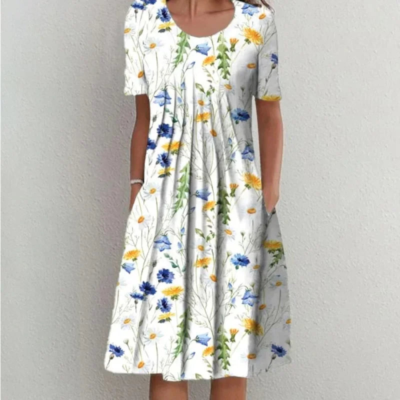 Floral A-line Round Neck Home Dress