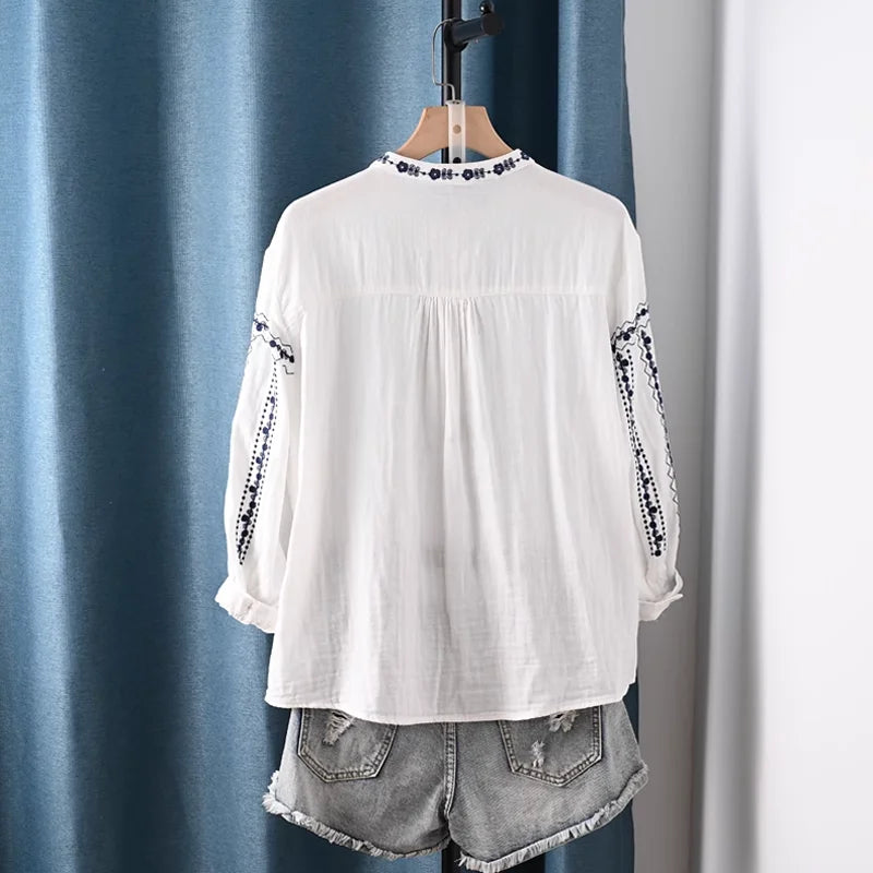 Boho Bloom Embroidered Cotton Shirt
