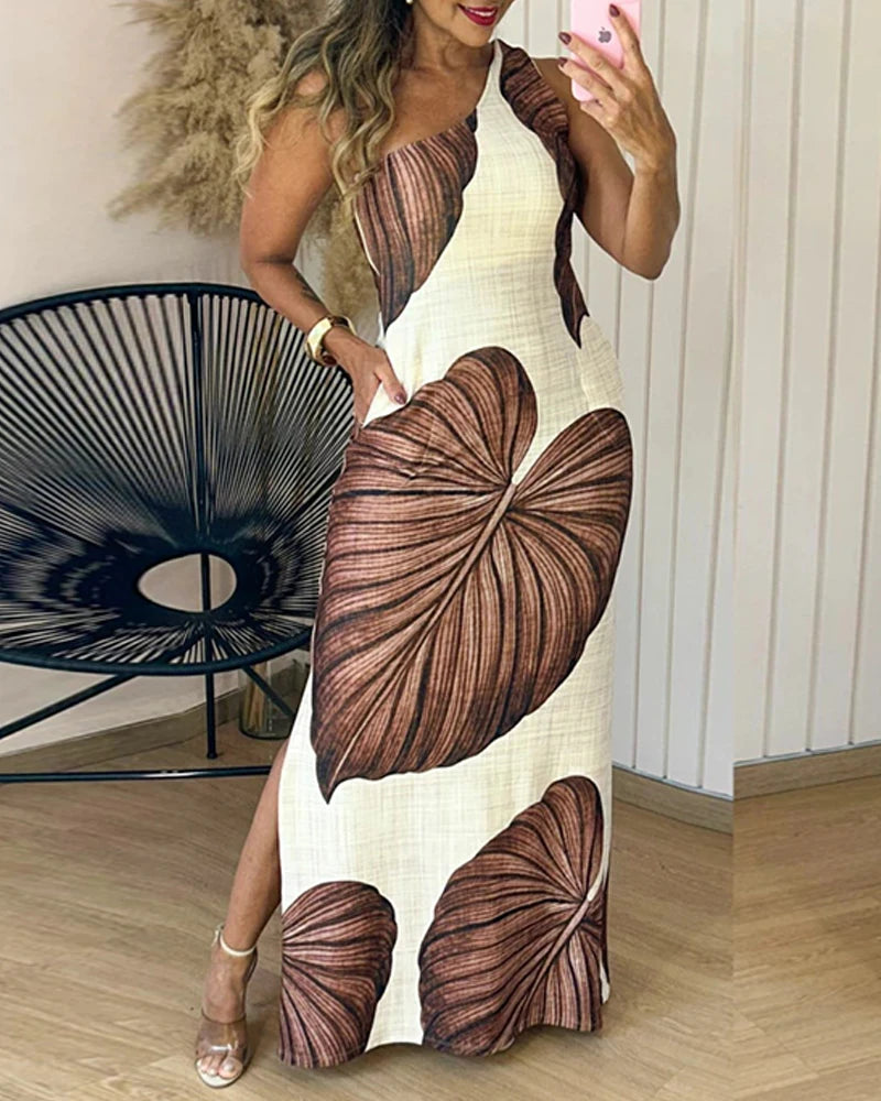 Tropical One-Shoulder Slit Dress