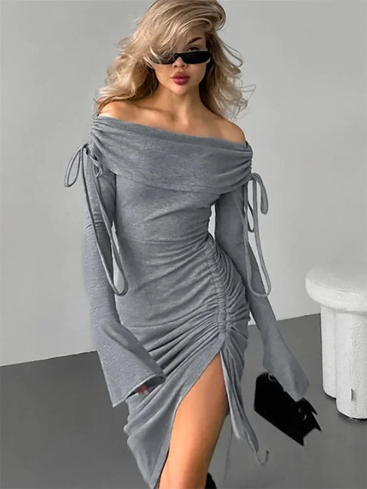 Off-Shoulder Lace-Up Maxi Dress