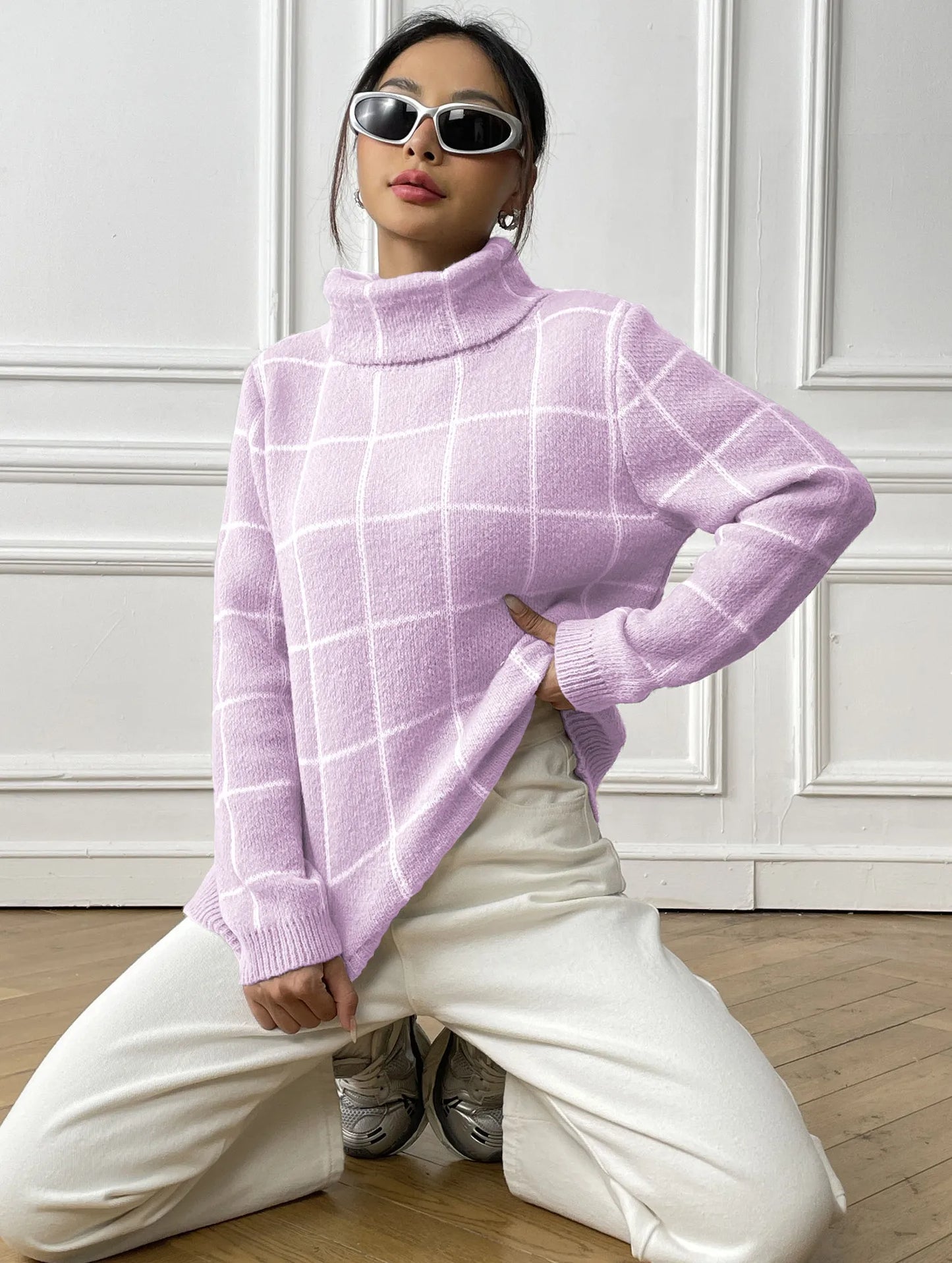 Plaid Muse Turtleneck Knit Sweater