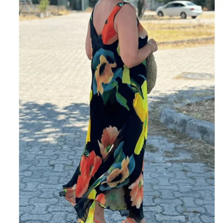 Silken Bloom U-Neck Maxi Dress