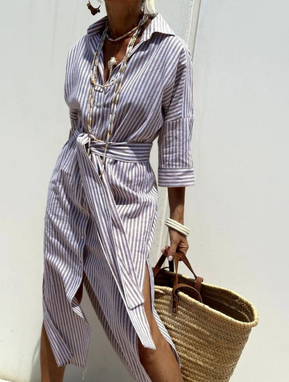 Blue and White Striped Split Shirt Dress