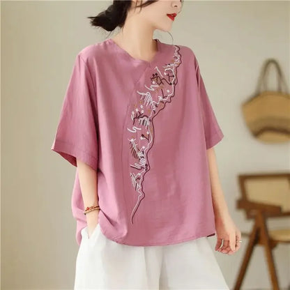 Lotus Whisper Embroidered Tea Blouse