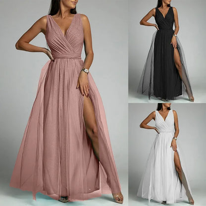 Elegant Mesh V-Neck Slit Dress