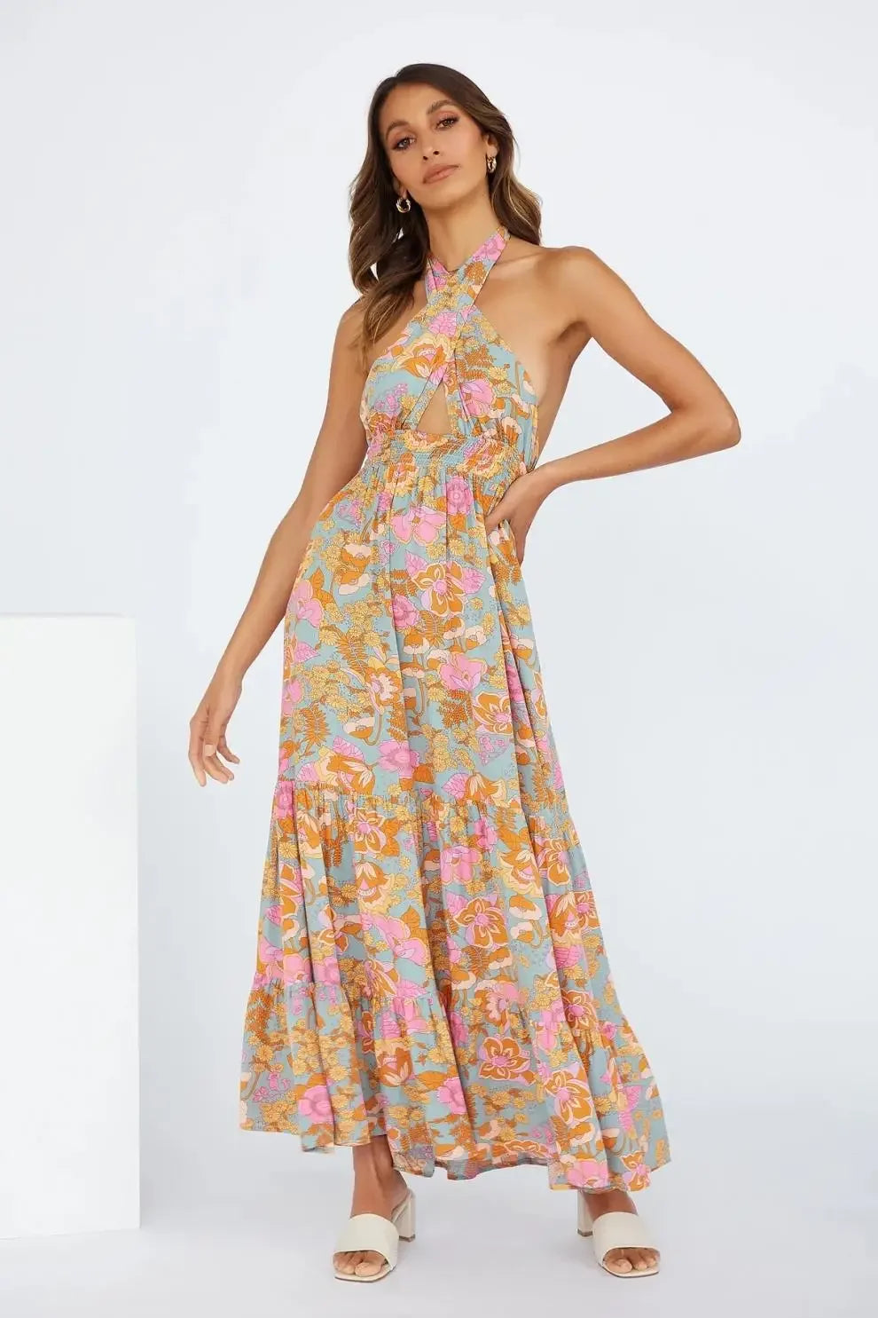 V-Neck Wrap Hollow Out Maxi Dress