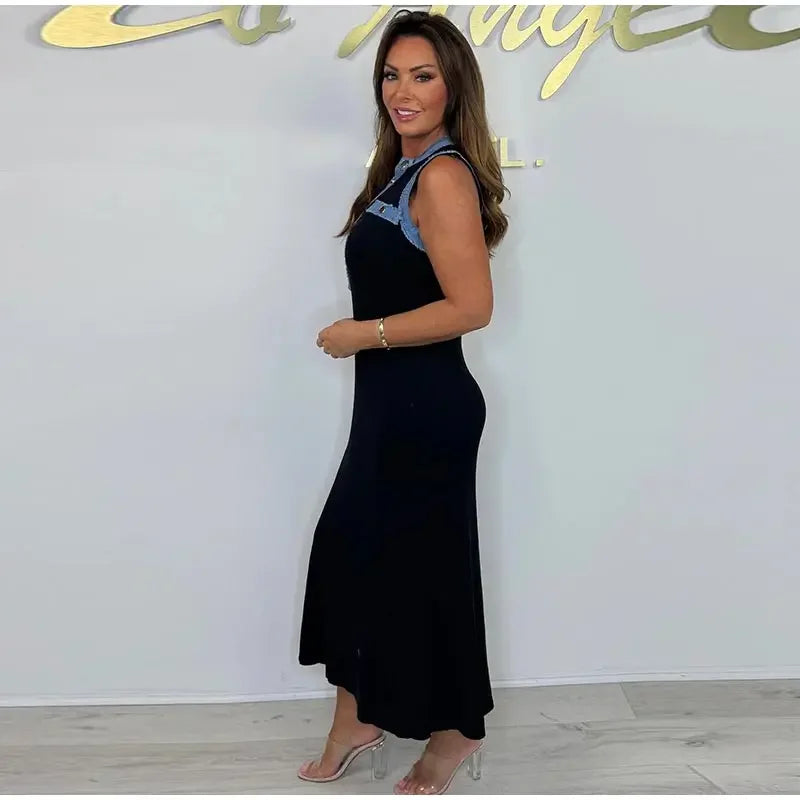 Elegant Knit Denim Splice Midi Dress