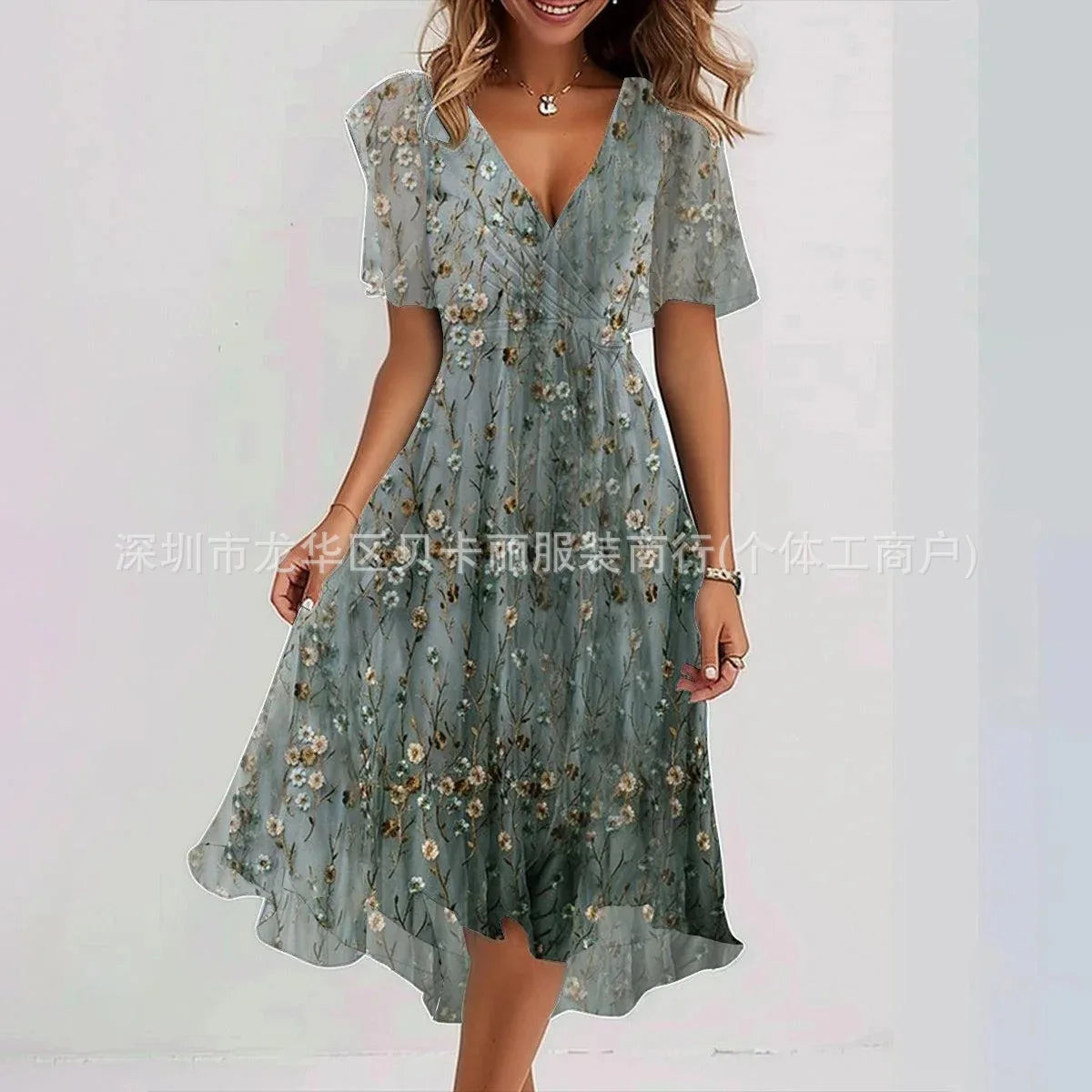 Printed V-Neck Knee Dress