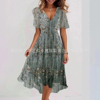 Printed V-Neck Knee Dress
