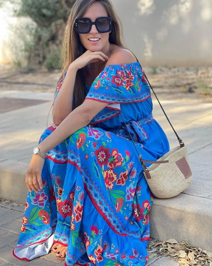 Red Bloom One-Shoulder Swing Dress