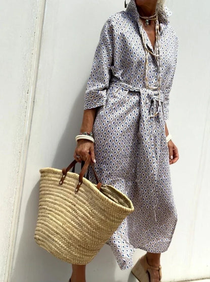 Blue and White Striped Split Shirt Dress