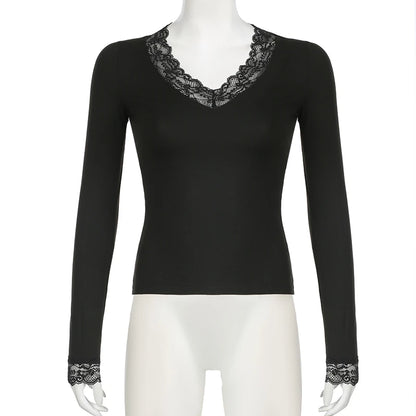 Lace Edge Slim V-Neck Long Sleeve Tee