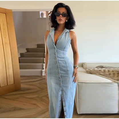 Urban Edge Denim Slit Maxi Dress
