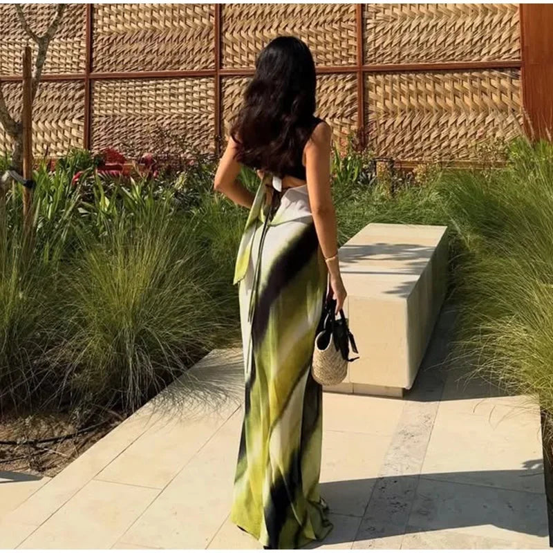 Chic Tie-Dye Backless Lace-Up Dress