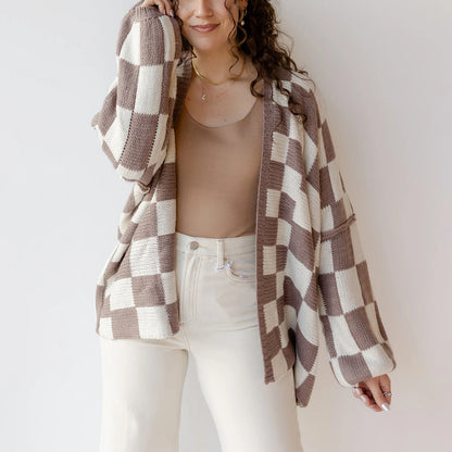 Plaid Ease Oversized Open Front Cardigan