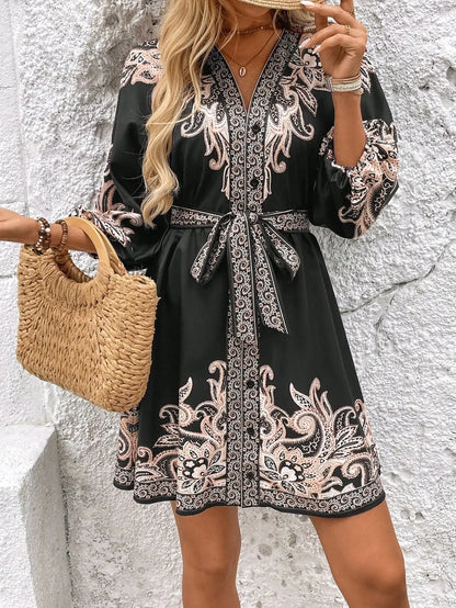 Golden Breeze V-Neck Tie Dress