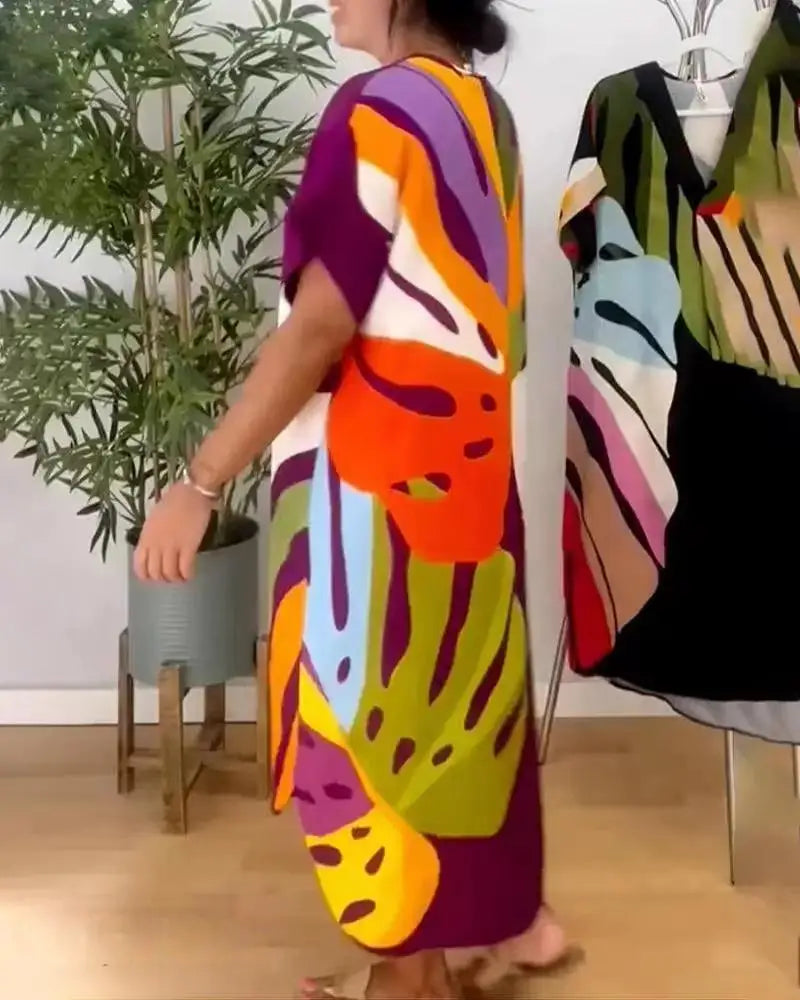 Printed V Neck Loose Summer Dress