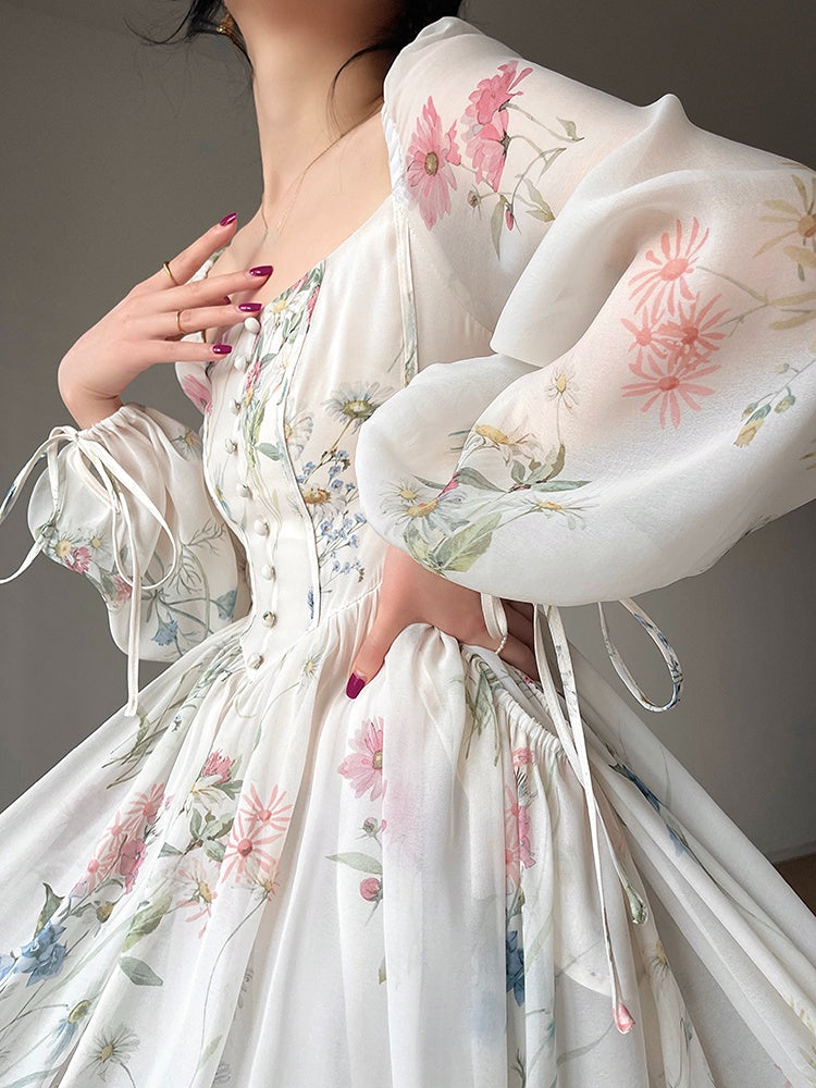 Vintage Square Neck Floral Dress