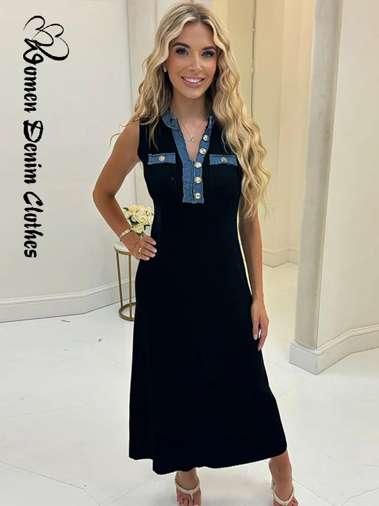 Elegant Knit Denim Splice Midi Dress