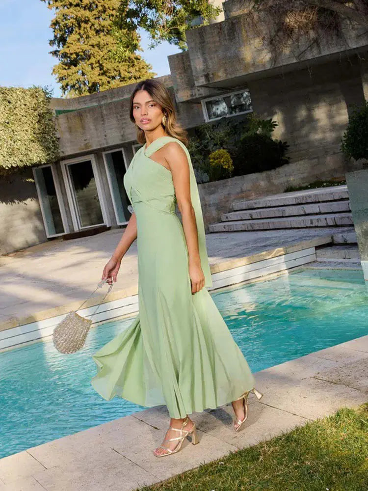 Breeze Charm Pleated Chiffon Ribbon Dress