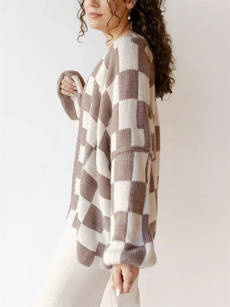 Plaid Ease Oversized Open Front Cardigan