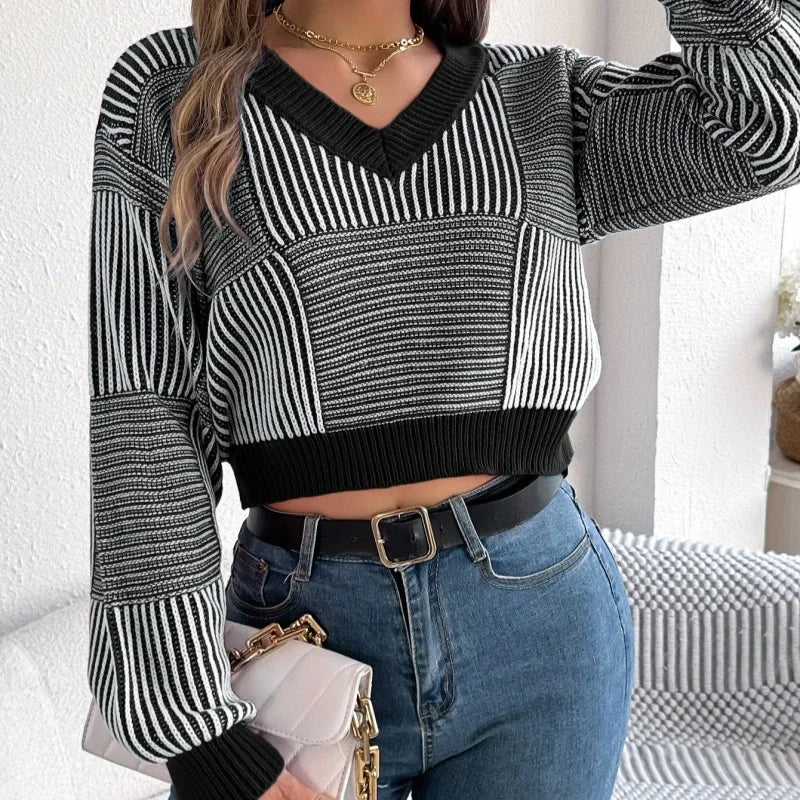 Striped Charm V-Neck Crop Sweater