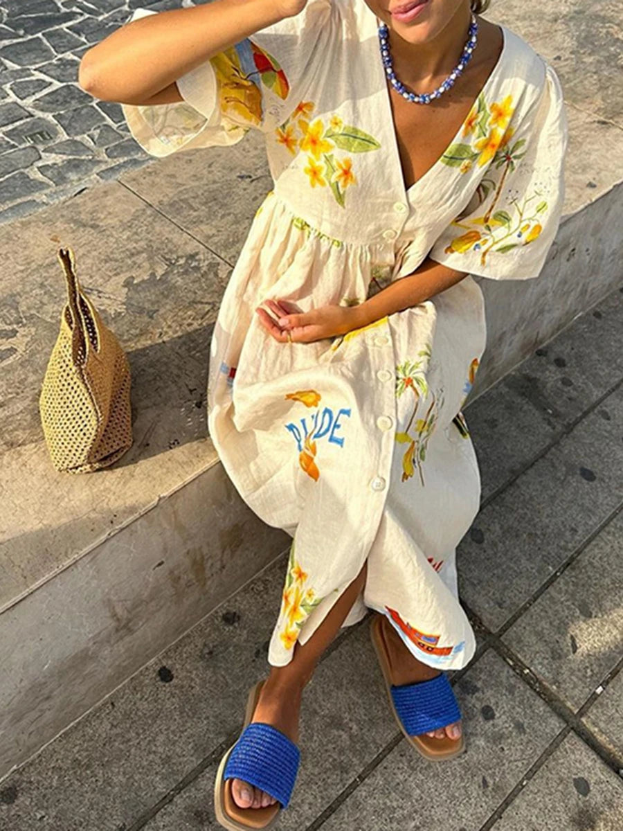 Petal Script V-Neck Maxi Dress