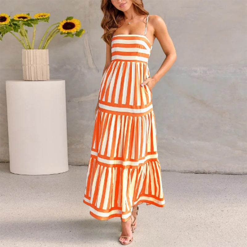 Chic Striped Tiered Midi Slip Dress