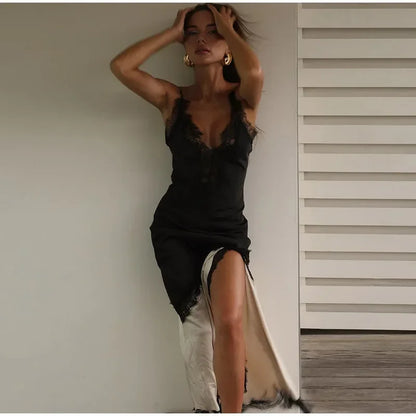 Satin Glow Lace Splice Dress
