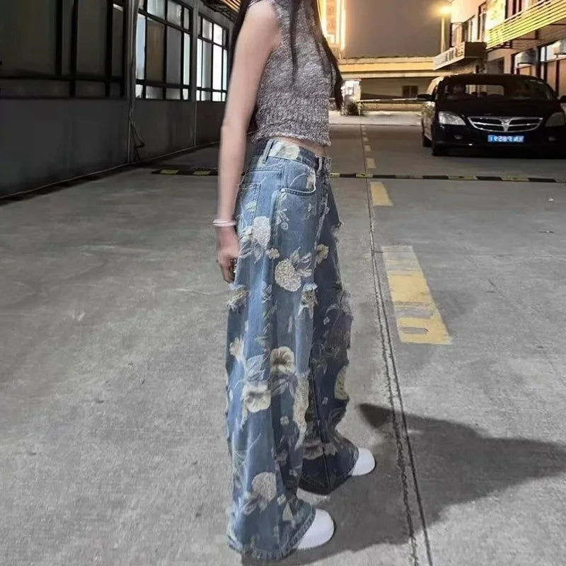 Vintage Floral Ripped Wide Leg Jeans